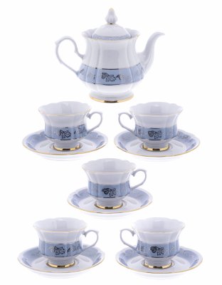 Купить Набор из 5 чайных пар и чайника с цветочным декором, фарфор, деколь, крытьё, золочение, Коростенский фарфоровый завод, Украина, 2000-2005 гг.