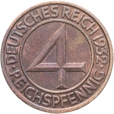 купить Германия 4 рейхспфеннига (reichspfennig) 1932 J знак монетного двора "J" — Гамбург