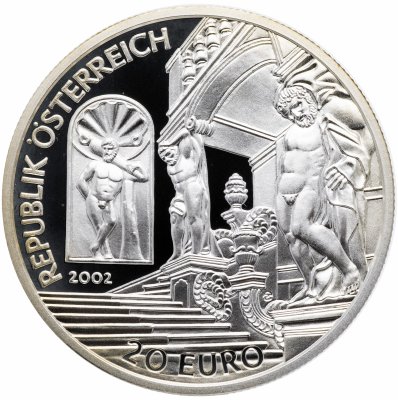 Купить Австрия 20 евро (euro) 2002 "Период барокко - принц Евгений Савойский" в футляре с сертификатом
