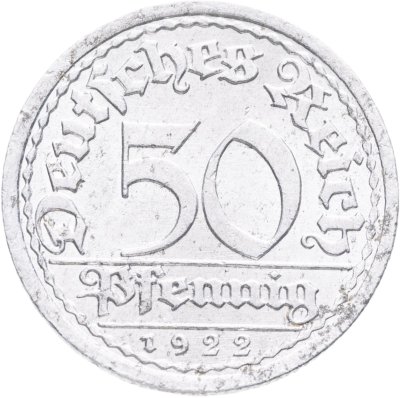купить Германия (Веймарская республика) 50 пфеннигов (pfennig) 1922 A знак монетного двора "A" — Берлин