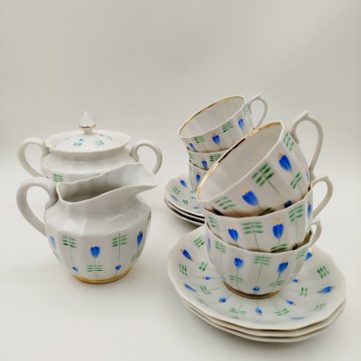 купить Сервиз чайный с цветочным декором на 6 персон (14 предметов), форма "Ампир", фарфор, роспись, золочение, Дмитровский фарфоровый завод (ДФЗ Вербилки), СССР, 1965-1991 гг.