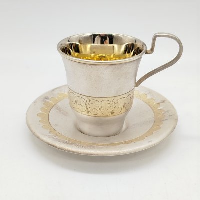 купить Пара кофейная с орнаментальным декором, мельхиор (медь-никель), гравировка, золочение, Мстерский завод художественных изделий «Ювелир», СССР, 1979 г.