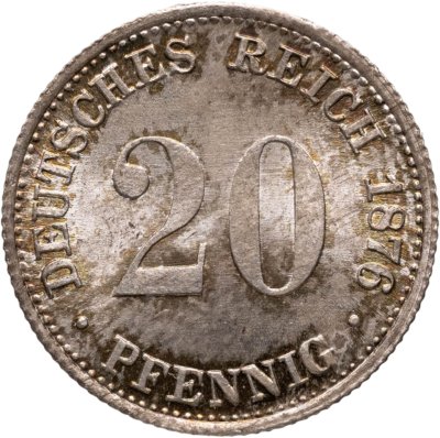 купить Германская империя 20 пфеннигов (pfennig) 1876, знак монетного двора: "G" - Карлсруэ