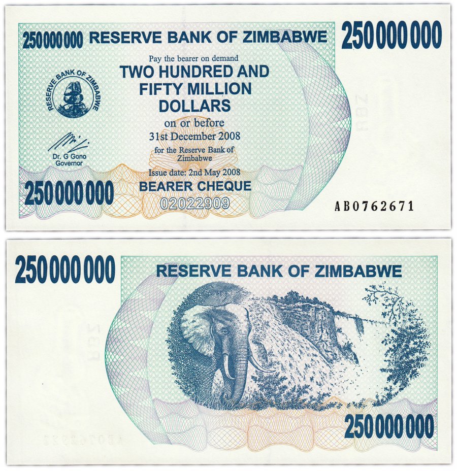 купить Зимбабве 250000000 долларов 2008 год Pick 59