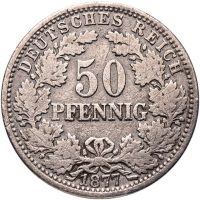 купить Германия 50 пфеннигов (pfennig) 1877, венок на аверсе, знак монетного двора: "A" - Берлин