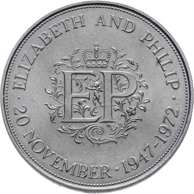 купить Великобритания 25 новых пенсов (new pence) 1972 серебряная свадьба Елизаветы II медно-никелевый сплав