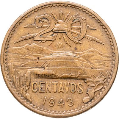 купить Мексика 20 сентаво (centavos) 1943 Бронза /коричневый цвет/