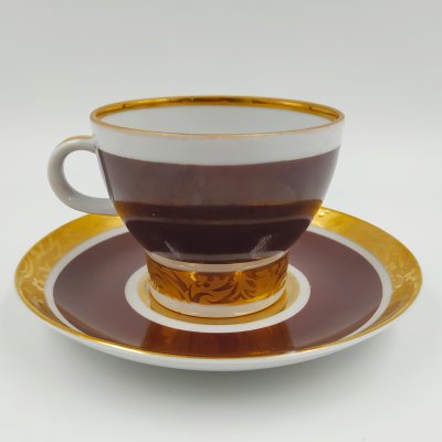 купить Пара чайная коричневого цвета с орнаментальным декором, фарфор, крытье, золочение, Ленинградский фарфоровый завод (ЛФЗ), СССР, 1970-1992 гг.
