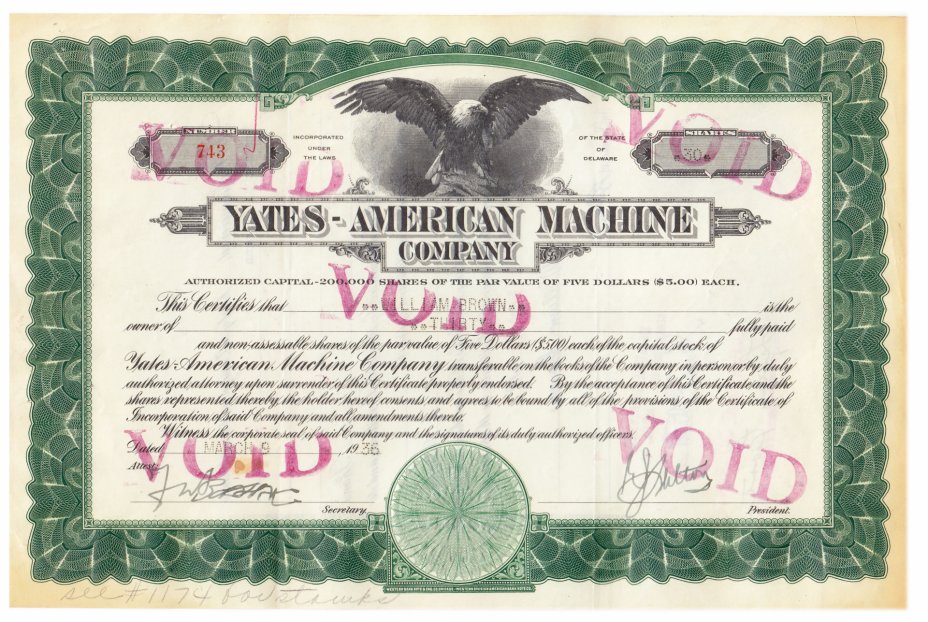 купить Акция США Yates-American Machine Company (Wisconsin) 1936 г.