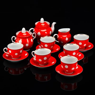 купить Сервиз чайный с декором в горошек на 6 персон (15 предметов), фарфор, крытье, золочение, Барановский фарфоровый завод, СССР, 1970-1991 гг.