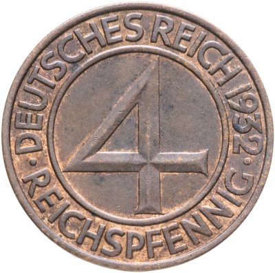 купить Германия 4 рейхспфеннига (reichspfennig) 1932 F знак монетного двора "F" — Штутгарт