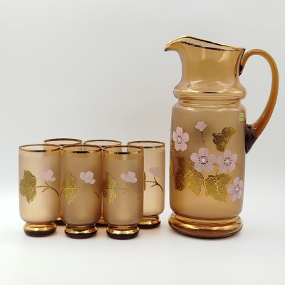 купить Набор для подачи воды и холодных напитков (кувшин и 6 бокалов), украшенный цветочным декором, стекло, матирование, роспись, золочение, Bohemia Crystal (Bohemia Glass), Чехословакия, 1980-1990 гг.