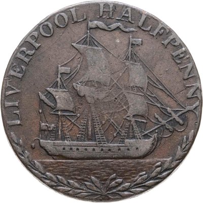 купить Великобритания, Ливерпуль токен 1/2 пенни (halfpenny) 1791 "Ланкашир - Ливерпуль. Парусный корабль"