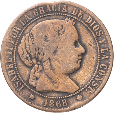 купить Испания 2 1/2 сентимо (centimos) 1868, знак монетного двора "8-и конечная звезда" и "OM" - Барселона