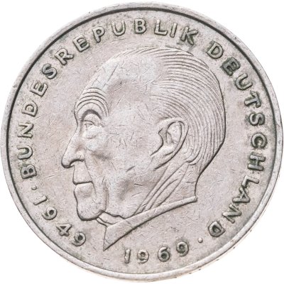 купить Германия 2 марки (mark) 1974 "Конрад Аденауэр, 20 лет Федеративной Республике (1949-1969)", знак монетного двора: "J" - Гамбург