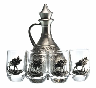 Купить Набор для крепких спиртных напитков с фигурами охотника, оленей и косуль (штоф и 4 стопки), олово, стекло, фирма “Artina SKS”, Австрия, 1970-1990 гг.