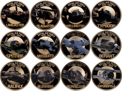 купить Гернси, остров Мэн 2020 набор из 12-ти монет "RAF Royal Aircraft Force Самолет" в футляре с сертификатом
