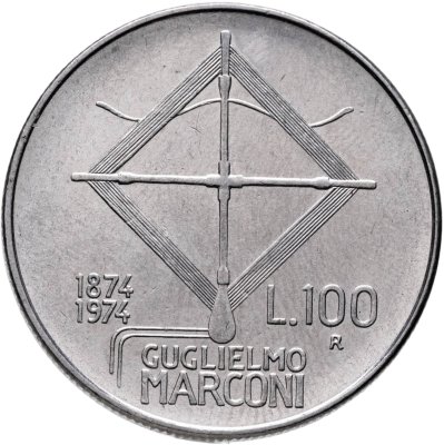 купить Италия 100 лир (lire) 1974 "100 лет со дня рождения Гульельмо Маркони"