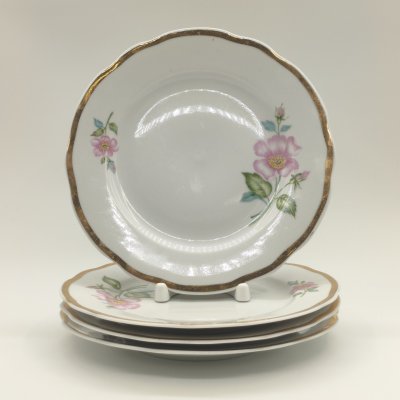 купить Набор из 4-х обеденных тарелок с цветочным декором, фарфор, деколь, золочение, Дулевский фарфоровый завод (Дулёво), СССР, 1986 г.