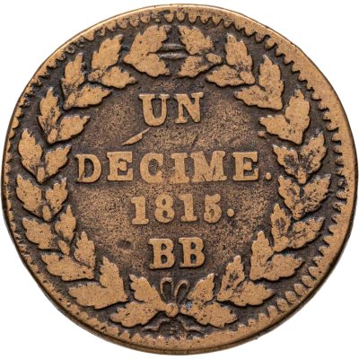 купить Франция 1 десим 1815, знак монетного двора "ВВ" - Страсбург, король Людовик XVIII