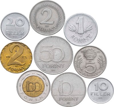 купить Венгрия набор из 9 монет 10, 20 филеров (filler) и 2, 5, 10, 20, 50, 100 форинтов (forint) 1970-1997