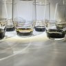 Купить Набор стаканов на ножке с линейным декором на 6 персон, стекло, выдувание, подрисовка, золочение, СССР, 1960-1980 гг.