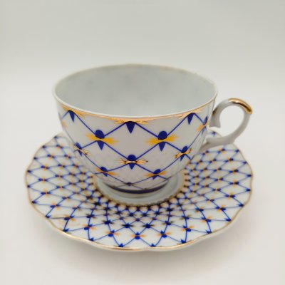 купить Пара чайная в стиле "Кобальтовой сетки", фарфор, печать, золочение, Loraine, Китай, 2000-2015 гг.