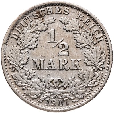 купить Германия (Империя) 1/2 марки (mark) 1907 A знак монетного двора: "A" - Берлин