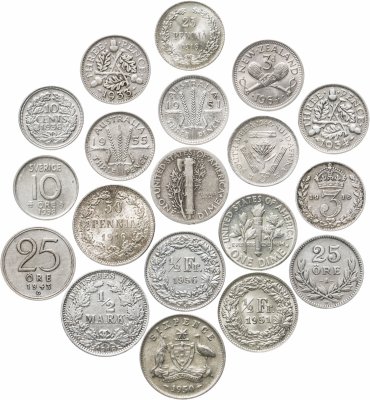 купить Две случайных серебряных монеты мира 1870-1966 гг.: Финляндия, США, Великобритания, Австралия,ЮАР, Новая Зеландия, Швеция, Нидерланды, Германия, Швейцария