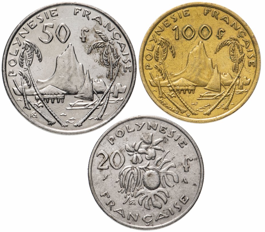 купить Французская Полинезия набор из 3-х монет 20, 50 и 100 франков 1967-2019, случайная дата