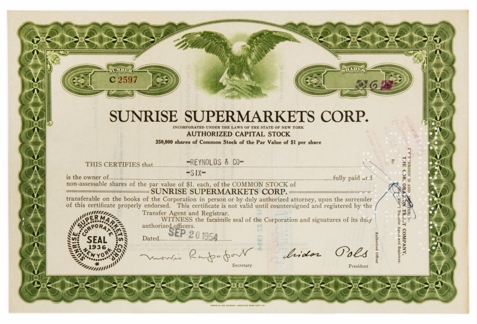 купить Акция США SUNRISE SUPERMARKETS CORP., 1953-1954 гг.