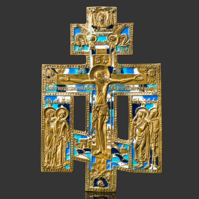 купить Крест киотный "Распятие Христово с предстоящими", латунь, 4-х цветная эмаль, Российская империя, 1850-1890 гг.