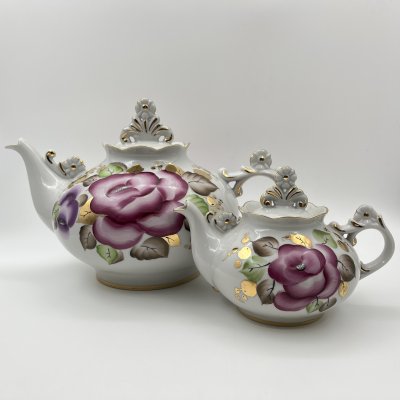 купить Набор из 2-х чайников (доливной и заварочный) с цветочным декором, фарфор, роспись, золочение, Ленинградский опытный завод (ЛОЗ), СССР, 1984-1991 гг.