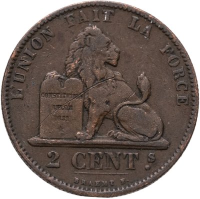 купить Бельгия 2 сантима (centimes) 1873 Надпись на французском - 'DES BELGES'