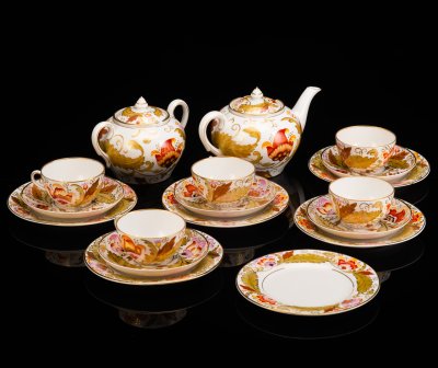 купить Набор чайный на 5 персон "Маки" (18 предметов), автор росписи А.А.Чекулина, фарфор, роспись, золочение, Дмитровский фарфоровый завод (ДФЗ Вербилки), СССР, 1940-1954 гг.