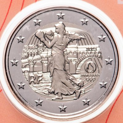 Купить Франция 2 евро 2023 XXXIII летние Олимпийские игры, Париж 2024 в блистере красного цвета