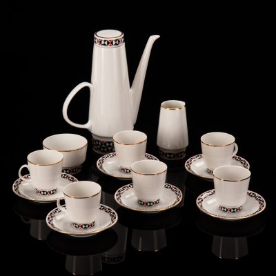 купить Сервиз кофейный с геометрическим декором на 6 персон (15 предметов), фарфор, деколь, золочение, Freiberger Porzellan, ГДР, 1970-1990 гг.