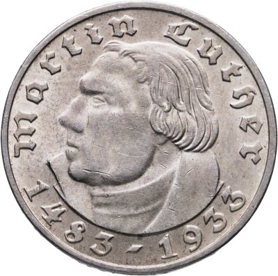 купить Германия (Третий рейх) 2 рейхсмарки (reichsmark) 1933 J "450 лет со дня рождения Мартина Лютера"