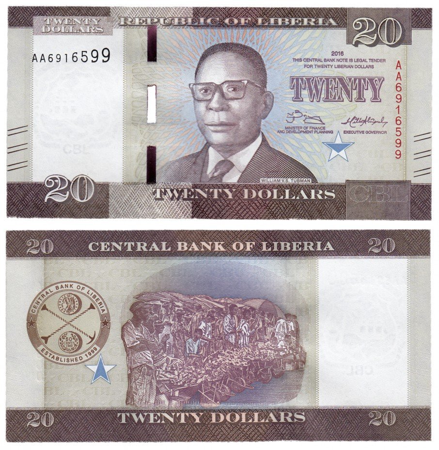 купить Либерия 20 долларов 2016 год Pick 33a