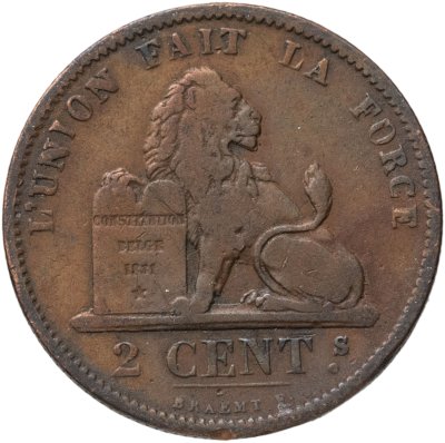 купить Бельгия 2 сантима (centimes) 1875 Надпись на французском - 'DES BELGES'