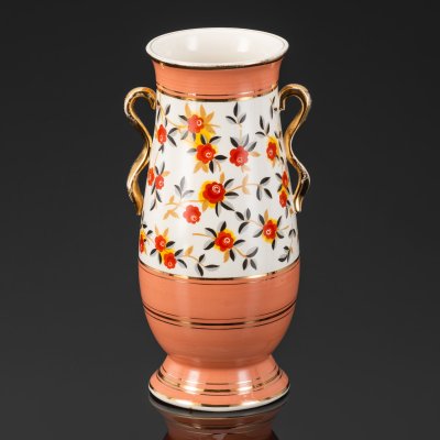 купить Ваза розового отенка с цветочным декором, дизайнер Раймонд Шевалье (Raymond Chevalier), керамика, крытье, золочение, деколь, Boch Freres Keramis, Бельгия, 1940-1950 гг.