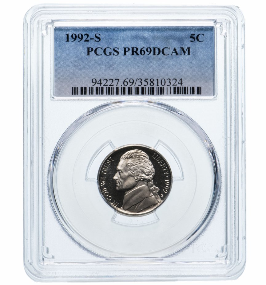 купить США 5 центов (cents) 1992 S Proof Jefferson Nickel (Джефферсон) в слабе PCGS PR69DCAM