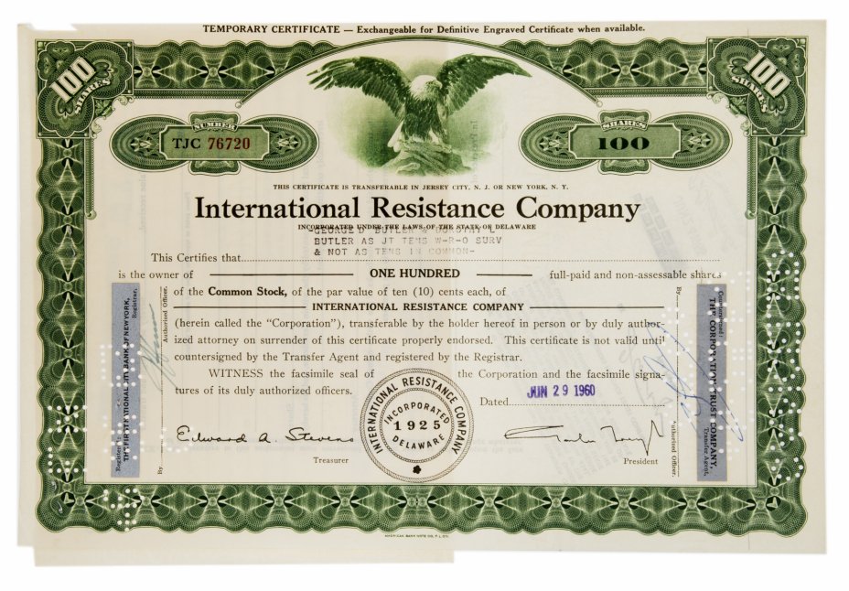 купить Акция США International Resistance Company, 1960 г.