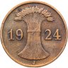 Купить Германия 1 рейхспфенниг (reichspfennig) 1924 J  знак монетного двора "J" — Гамбург