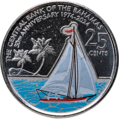 купить Багамы 25 центов (cents) 2024 50 лет Центральному банку Багамских Островов, цветное покрытие