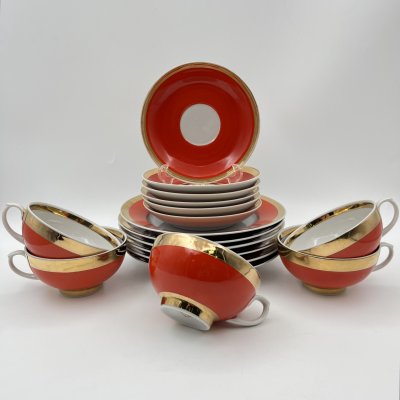 купить Набор чайных трио ярко оранжевого цвета на 5 персон, форма "Рубин", фарфор, крытье, золочение, Дулевский фарфоровый завод (Дулёво), СССР, 1968-1991 гг.