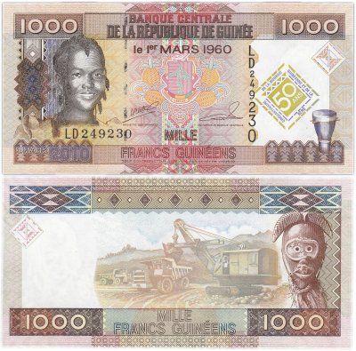 Купить Гвинея 1000 франков 2010 (Pick 43) "50 лет банку"