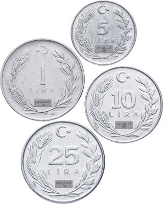 купить Турция набор из 4 монет 1,5, 10 и 25 лир 1967-1989, случайный год