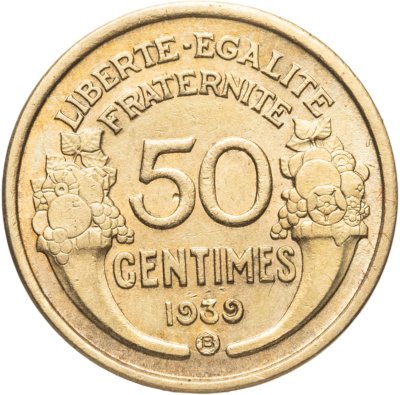 купить Франция 50 сантимов (centimes) 1939 B знак монетного двора: "B" - Брюссель