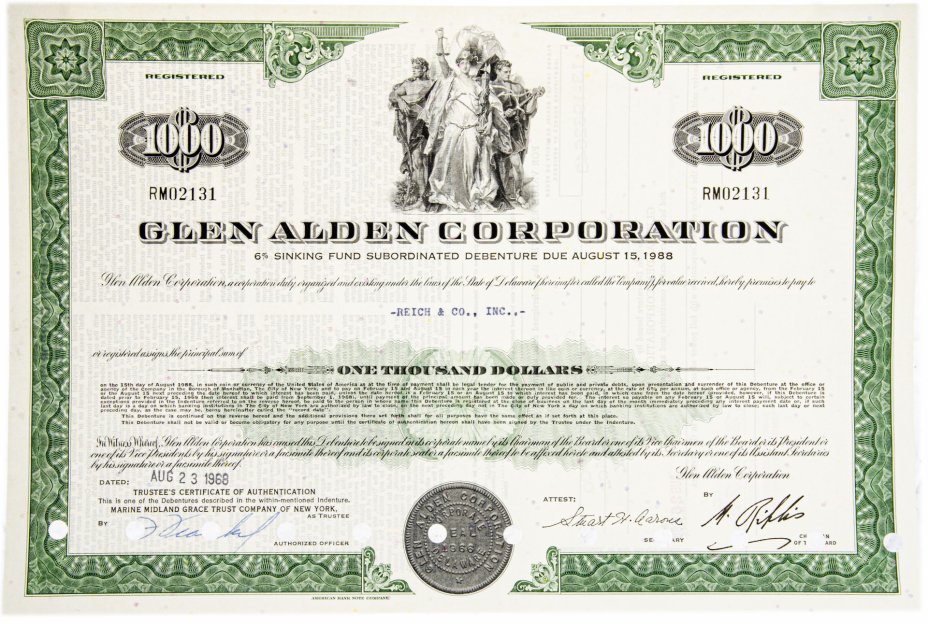 купить Акция США GLEN ALDEN CORPORATION , 1968 г.